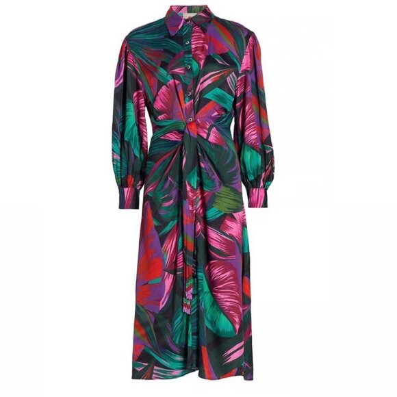 Farm Rio Midnight Leaves Shirt Dress • Silky Viscose • Beaded Belt • Size Small - Picture 3 of 13